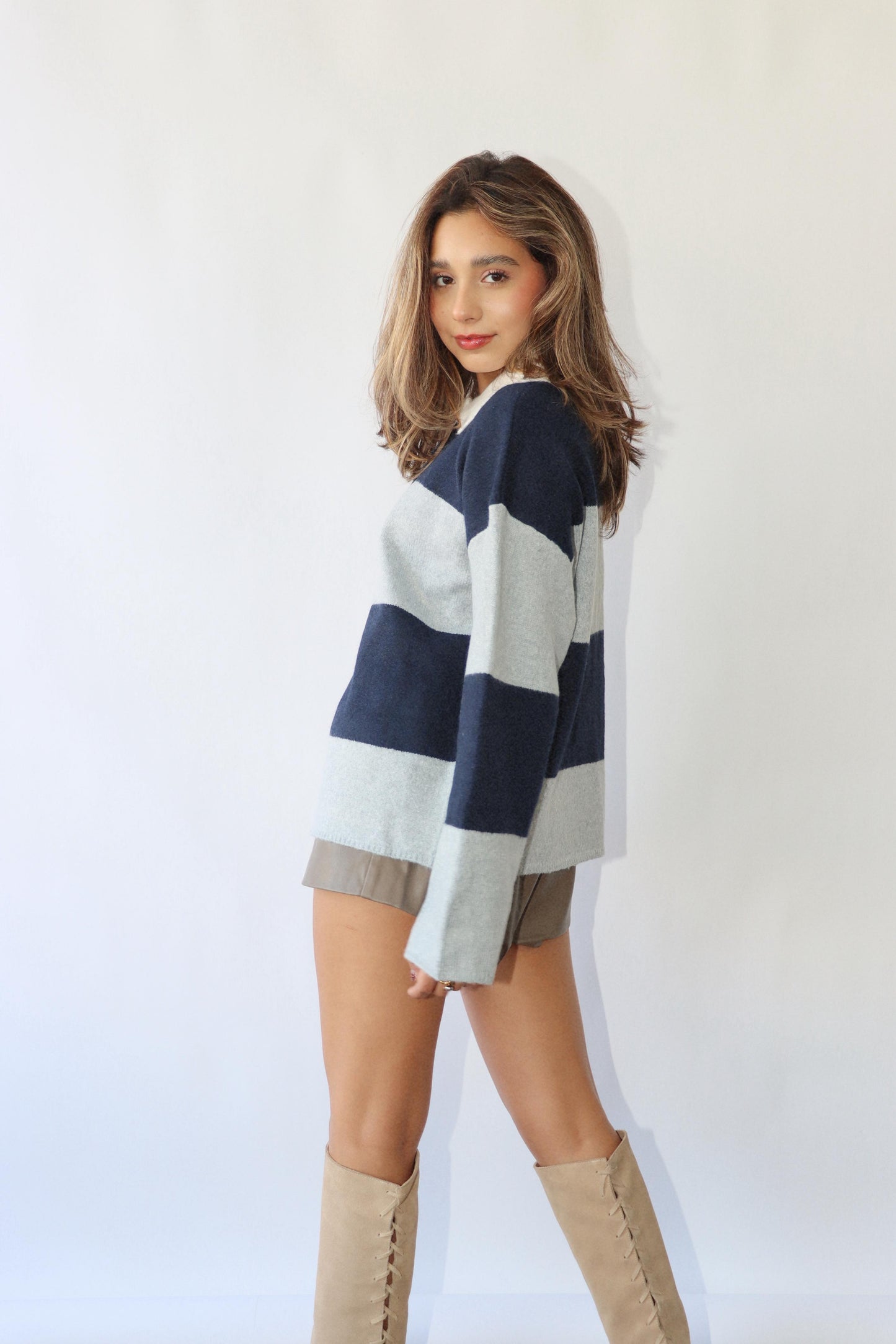 Navy/Grey Striped Polo Sweater