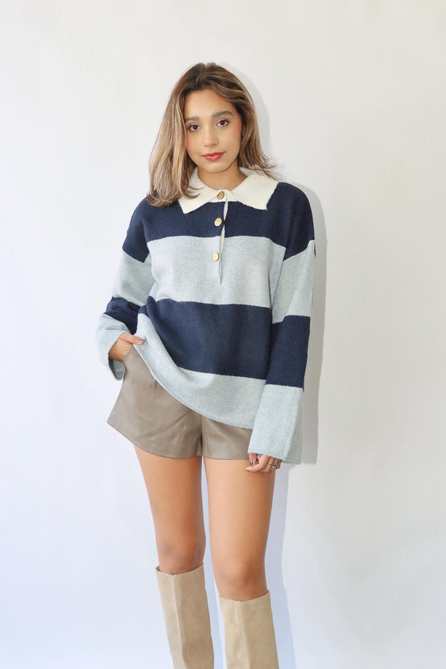 Navy/Grey Striped Polo Sweater