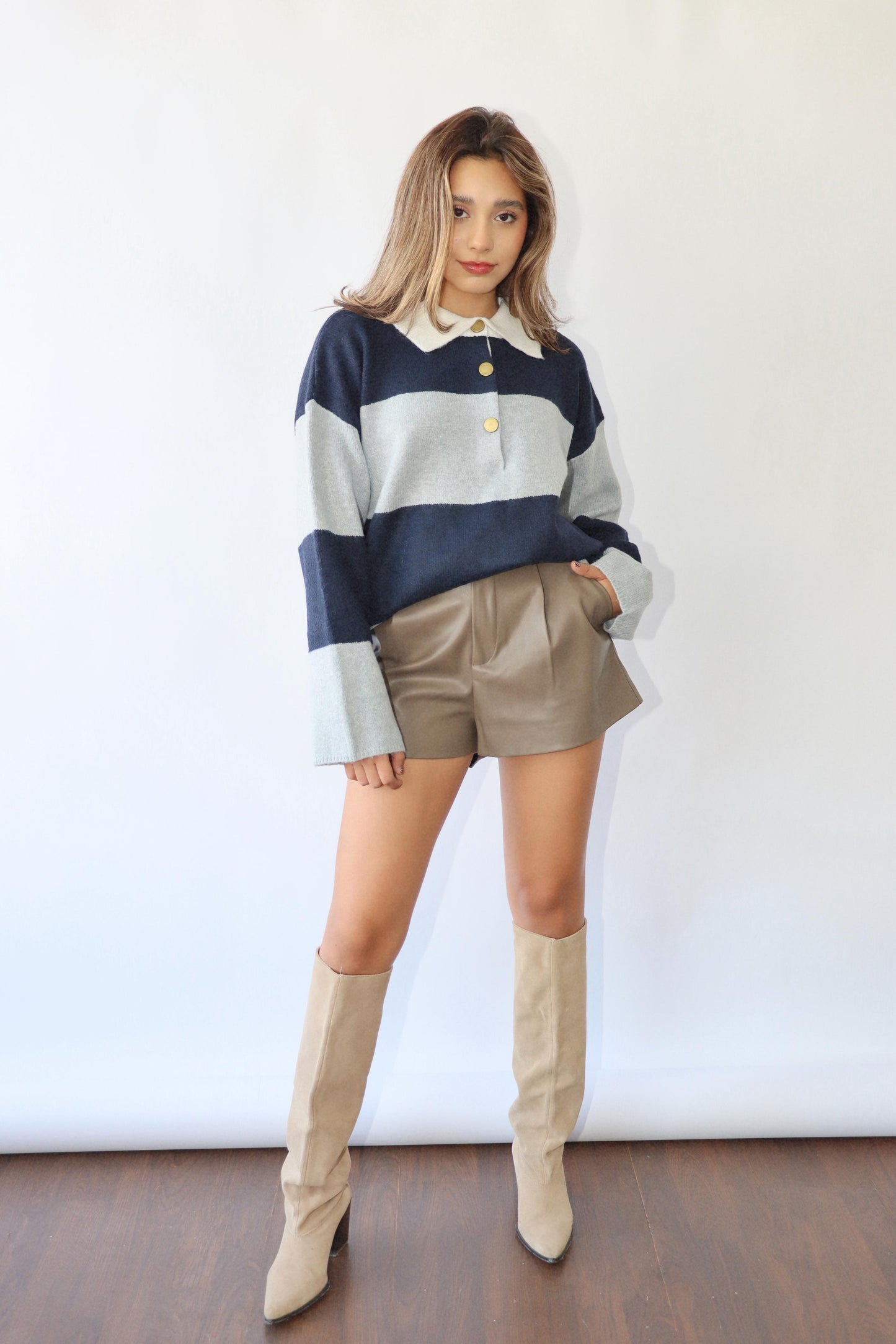 Navy/Grey Striped Polo Sweater