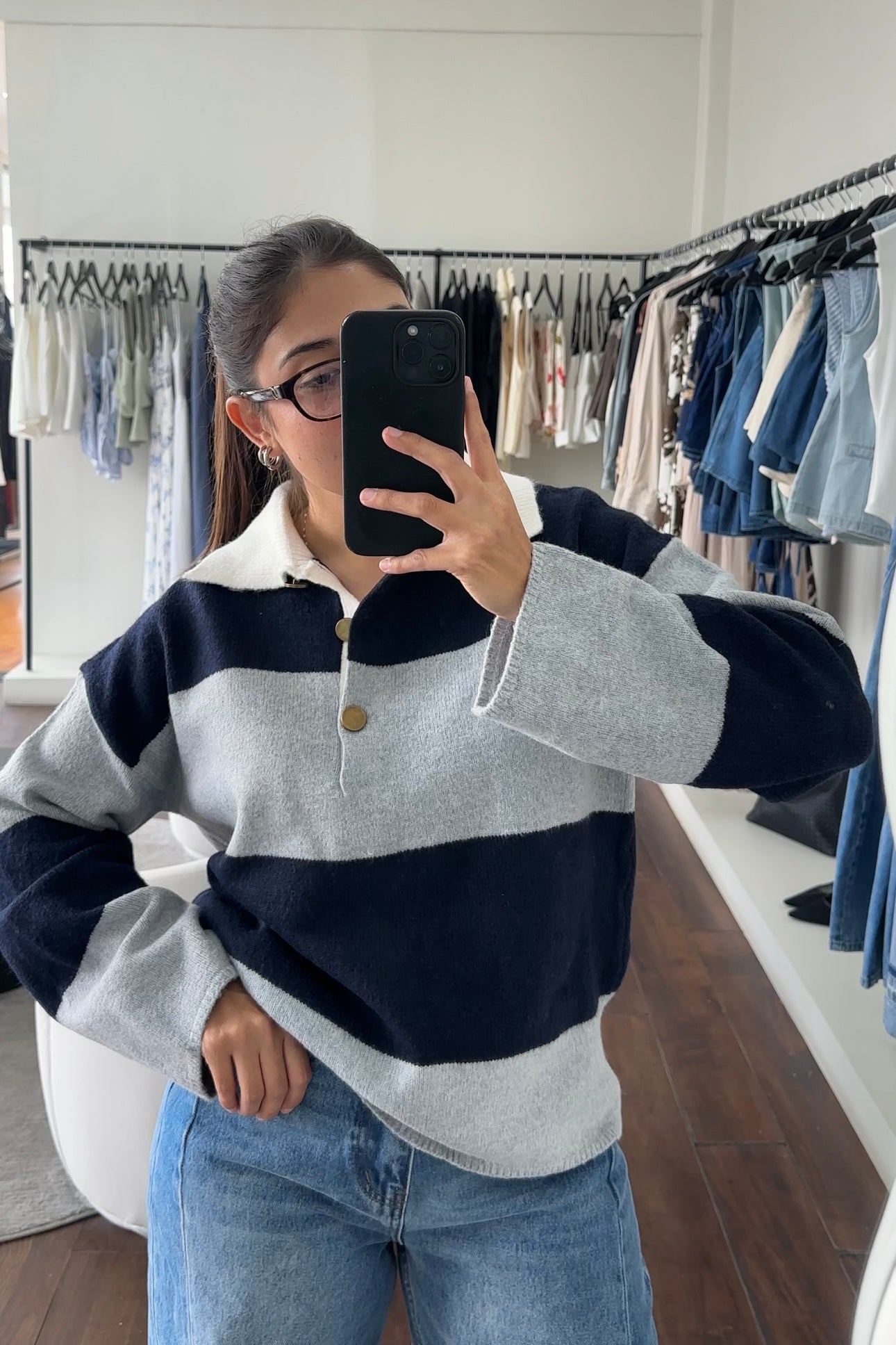 Navy/Grey Striped Polo Sweater