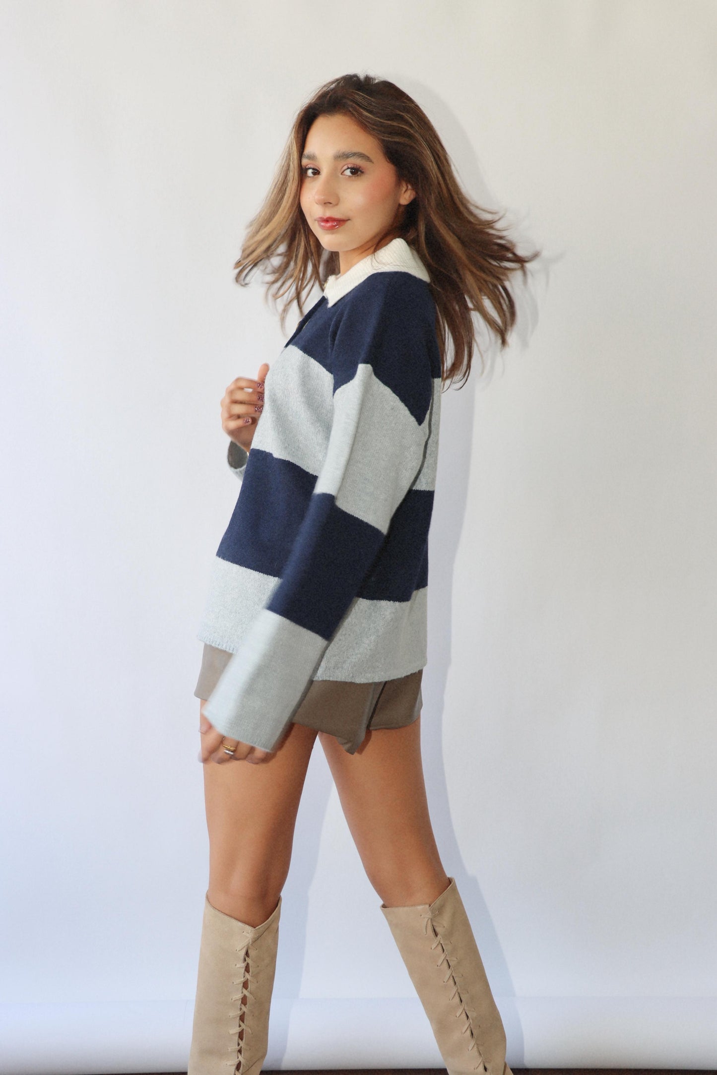 Navy/Grey Striped Polo Sweater