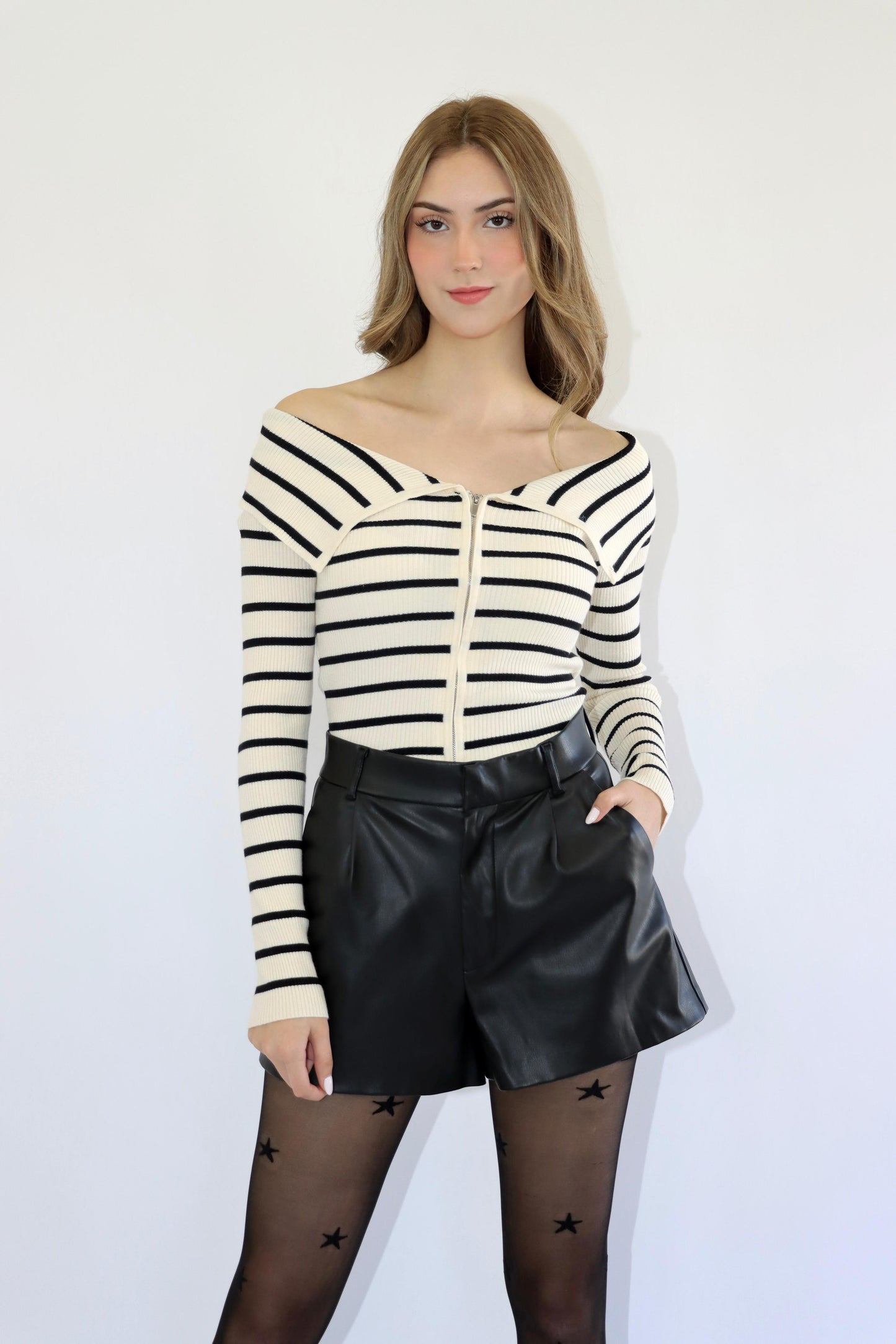 Alexis Zip Up Striped Ivory Sweater