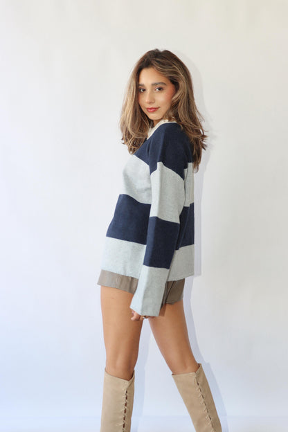 Navy/Grey Striped Polo Sweater