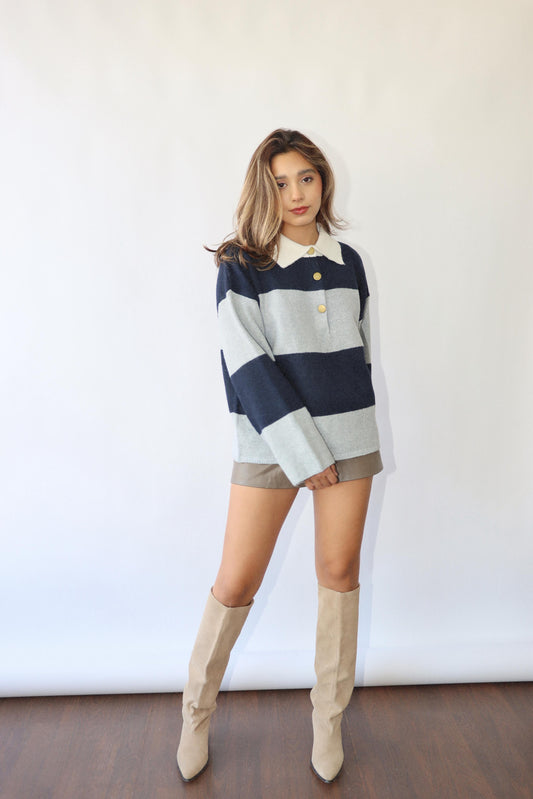 Navy/Grey Striped Polo Sweater