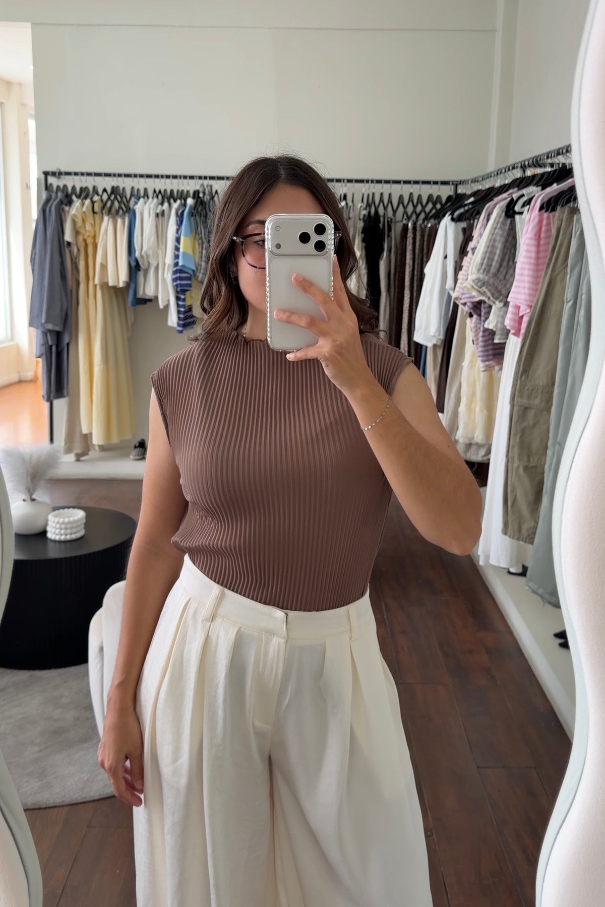 Plisse Mocha Top