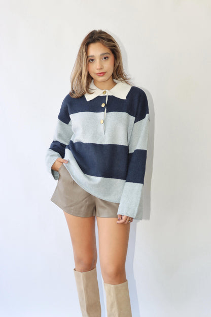 Navy/Grey Striped Polo Sweater