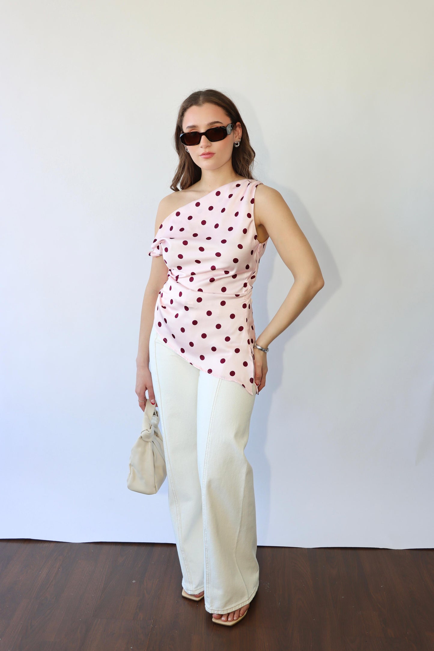 Polka Dot Satin Asymmetrical Top
