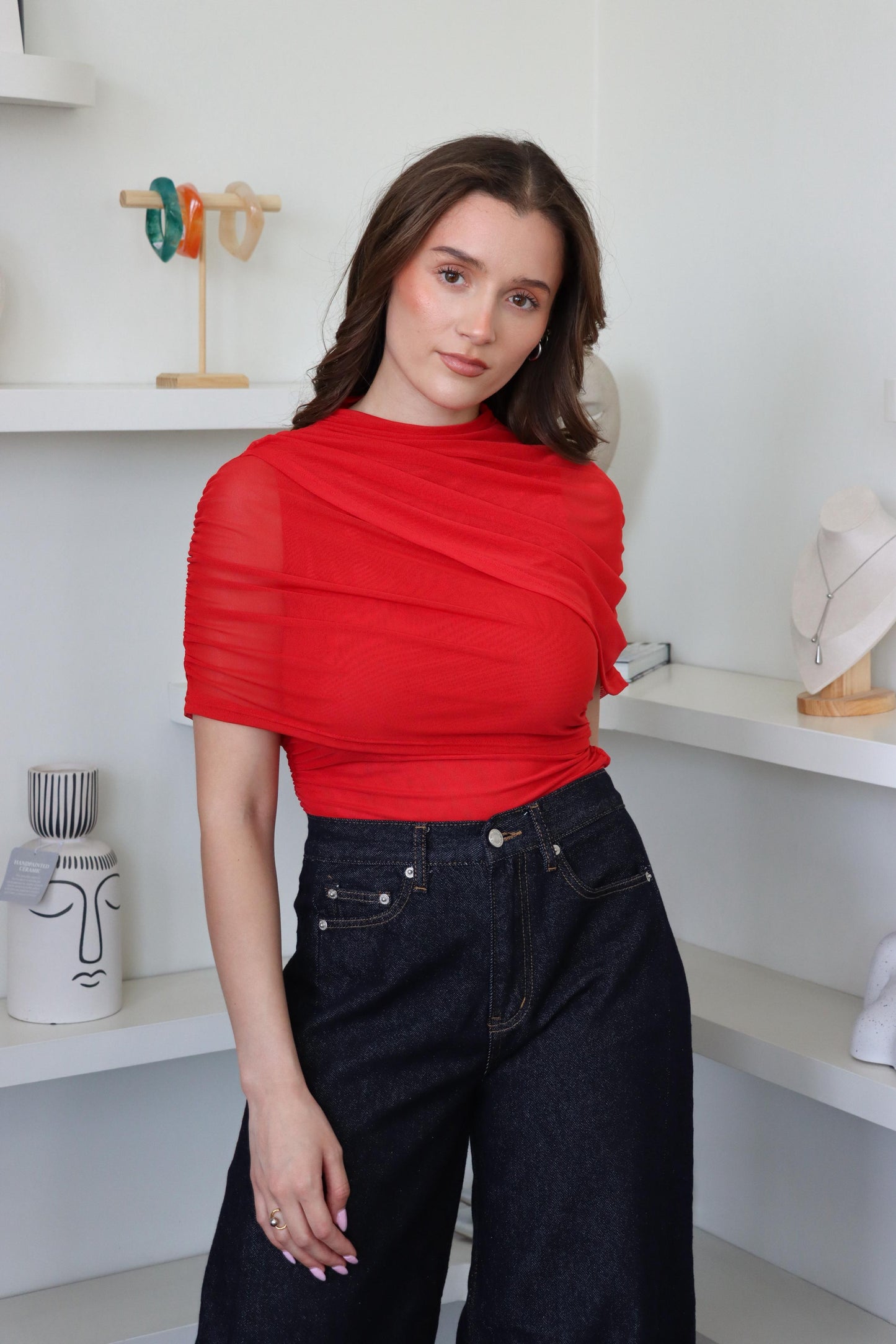 Saide Red Mesh Cape Top