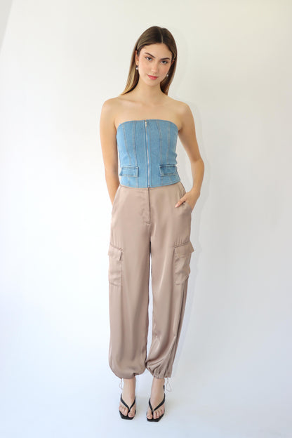 Lucielle Satin Cargo Nude Pants