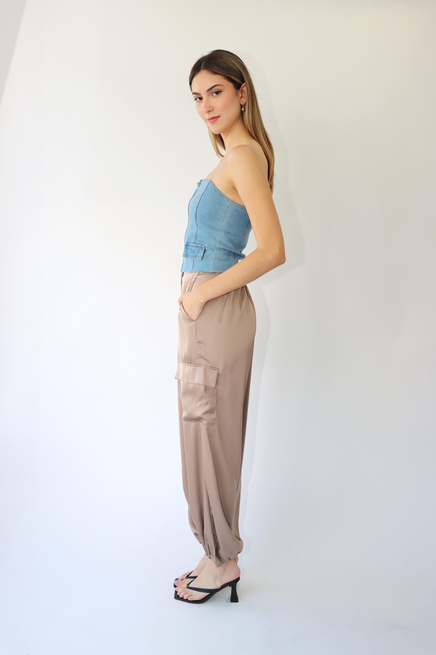 Lucielle Satin Cargo Nude Pants