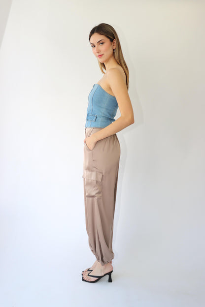 Lucielle Satin Cargo Nude Pants