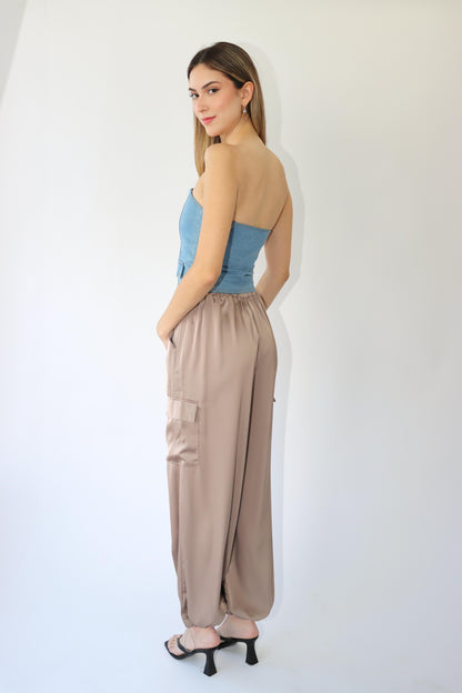 Lucielle Satin Cargo Nude Pants