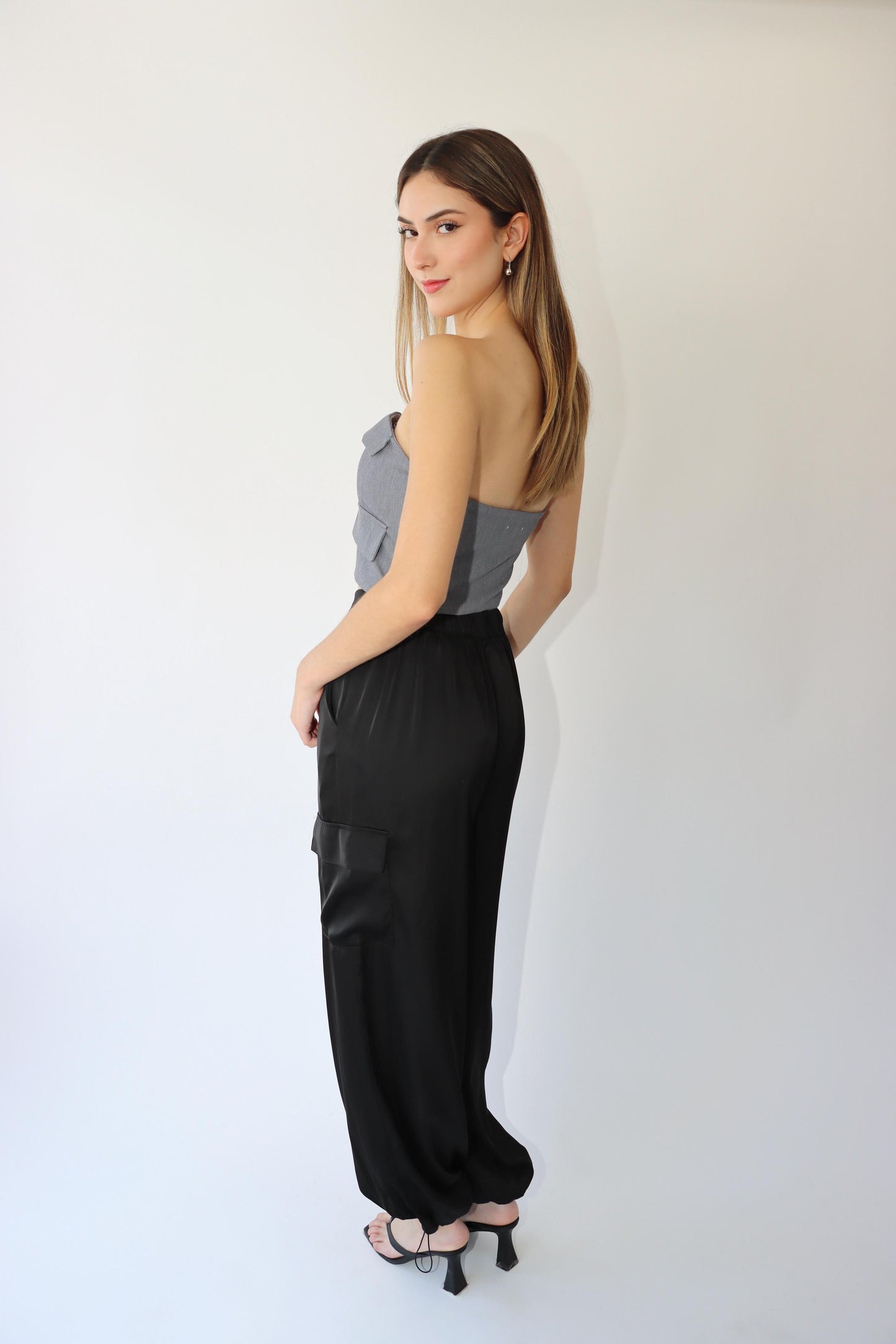 Lucielle Satin Cargo Black Pants