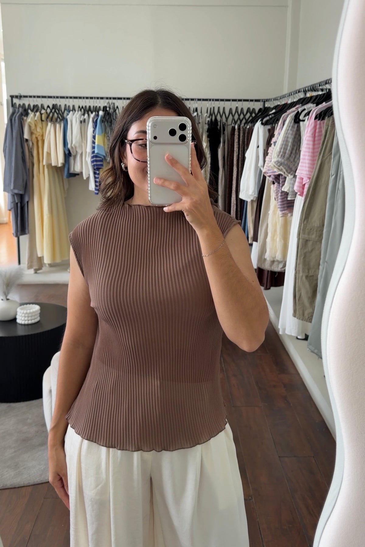 Plisse Mocha Top