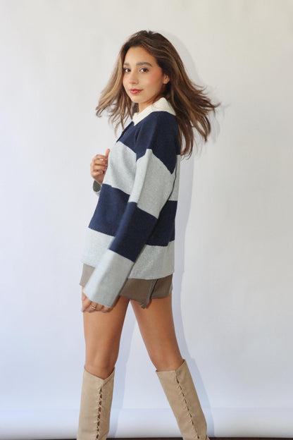 Navy/Grey Striped Polo Sweater