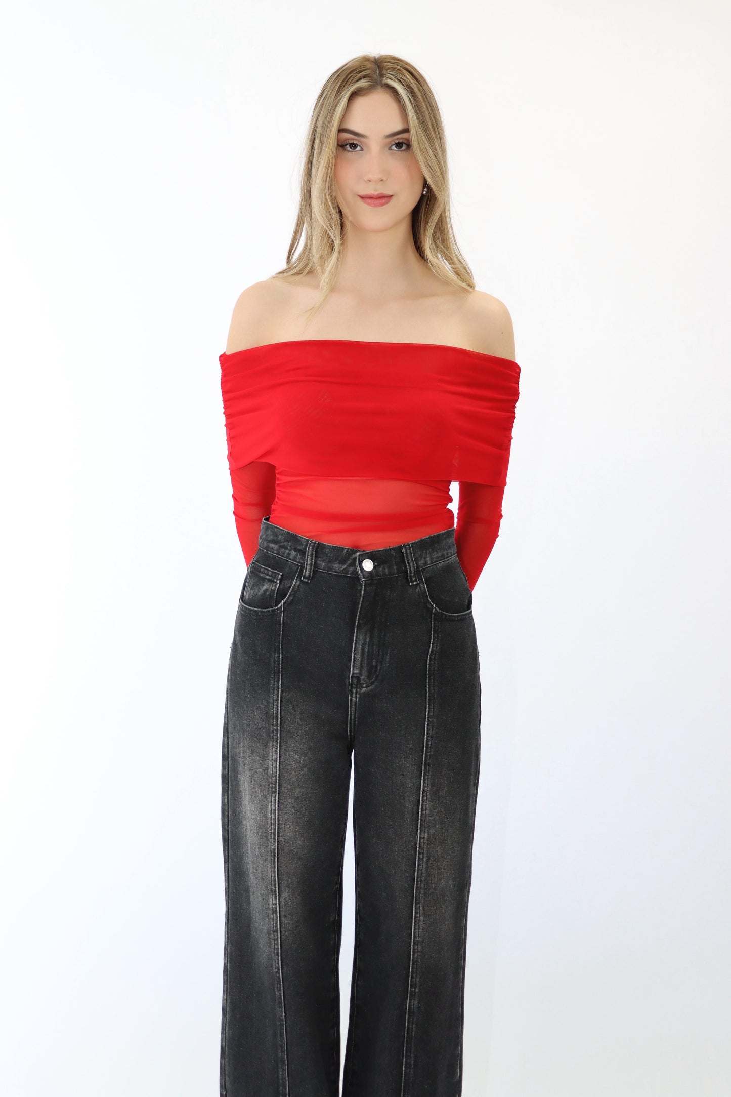 Kate Off Shoulder Mesh Red Top