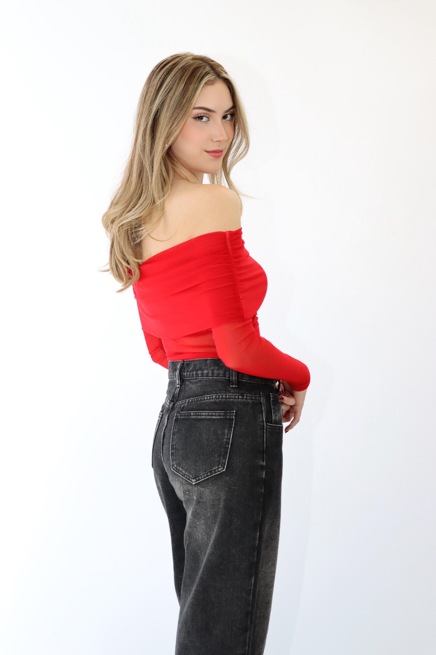 Kate Off Shoulder Mesh Red Top