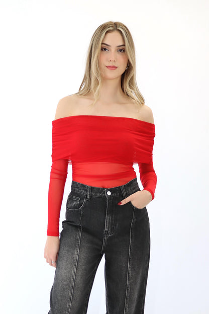 Kate Off Shoulder Mesh Red Top